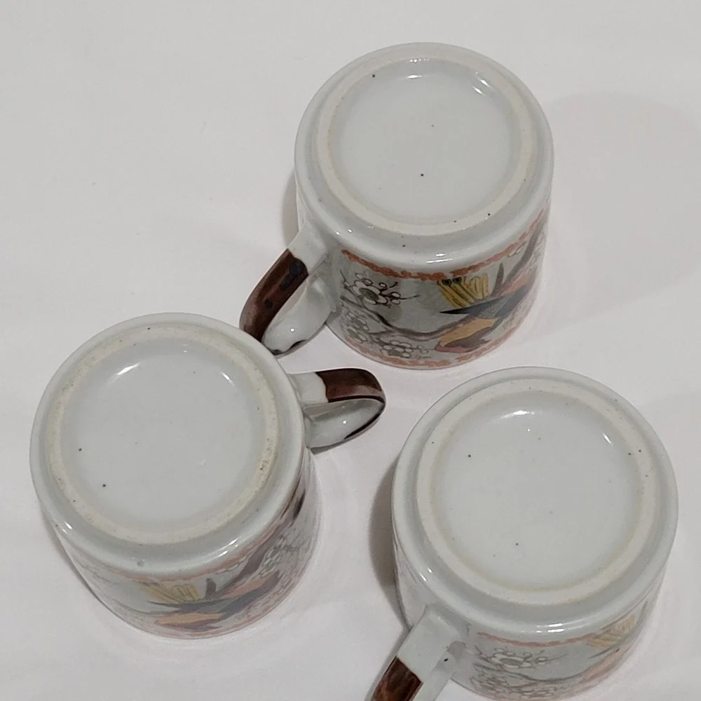 Vintage Asian Style Stoneware Tea Cups Bird Motif Set of 3 Chinoiserie